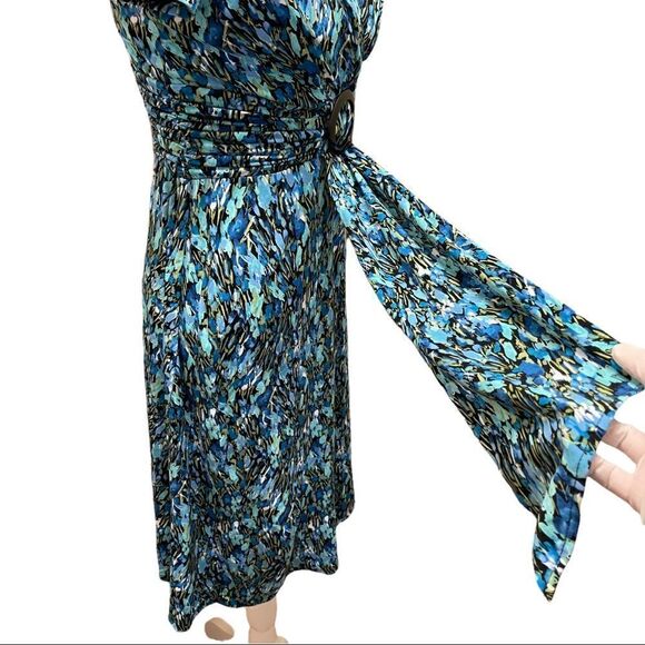 Studio I Blue Printed Ruched & Buckle Waistband Dress Sz 6 - Picture 8 of 16